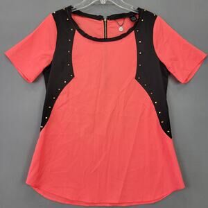 BKE Orange Black Studded Shirt Round Neck Short Sleeves Sheer Top Women's Size S